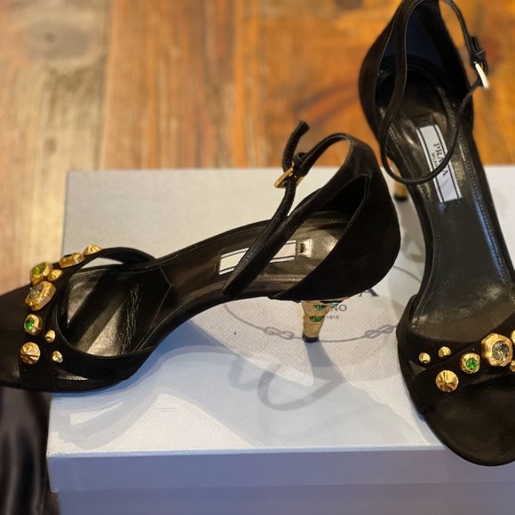 PRADA Black Suede Ankle Strap Sandals Metal Sculptural Gold Heel with Emeralds - Picture 1 of 16
